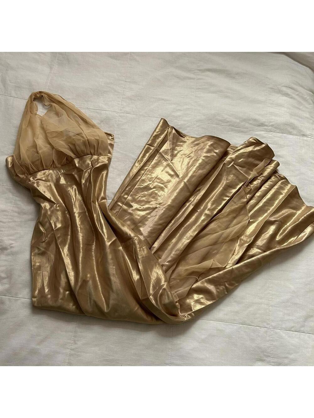 Betsy & Adam Gold Halter Formal Gown Sheer Bodice Size 6